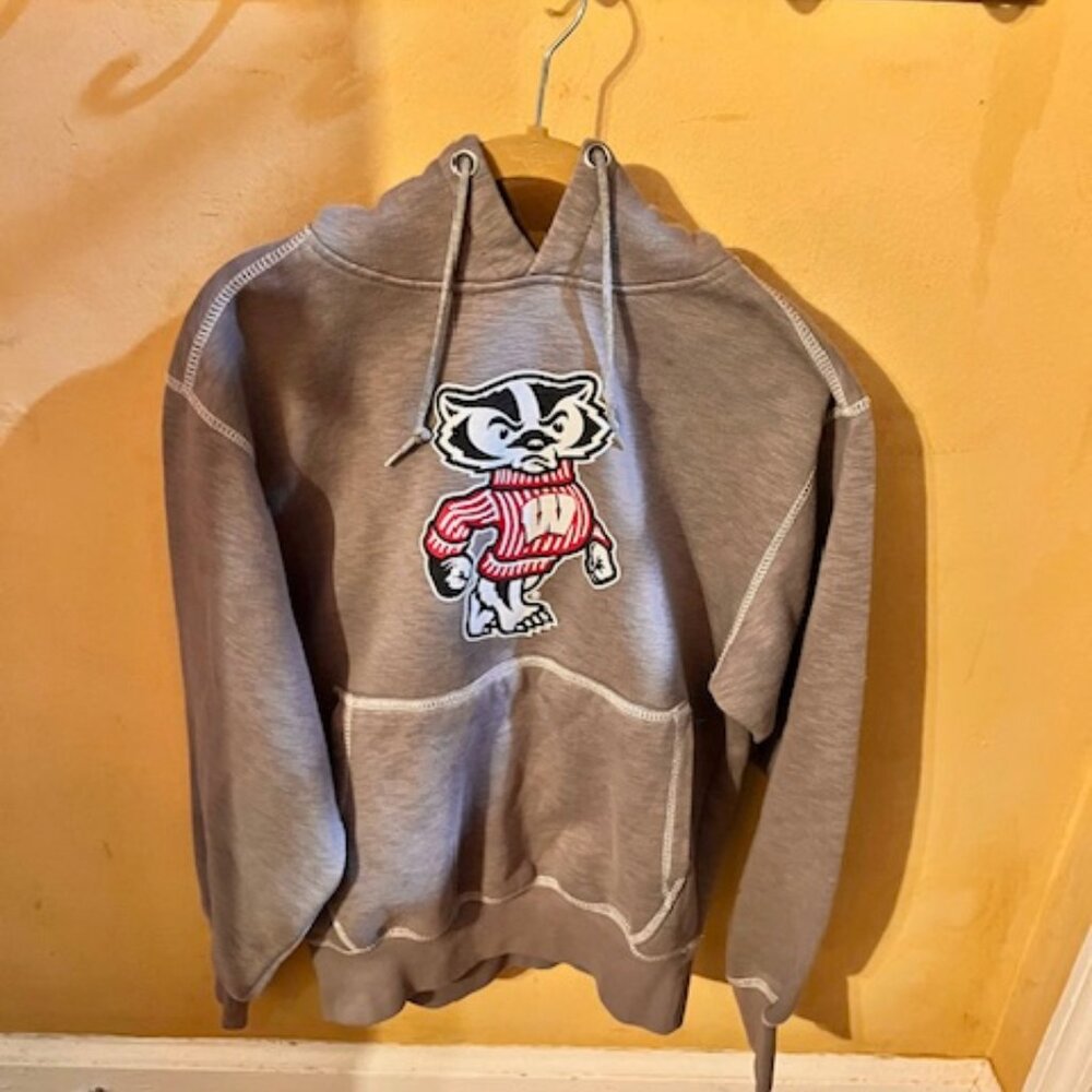 NEW Grey Wisconsin Hooded Sweatshirt, Bucky Badger emblem front double pockets